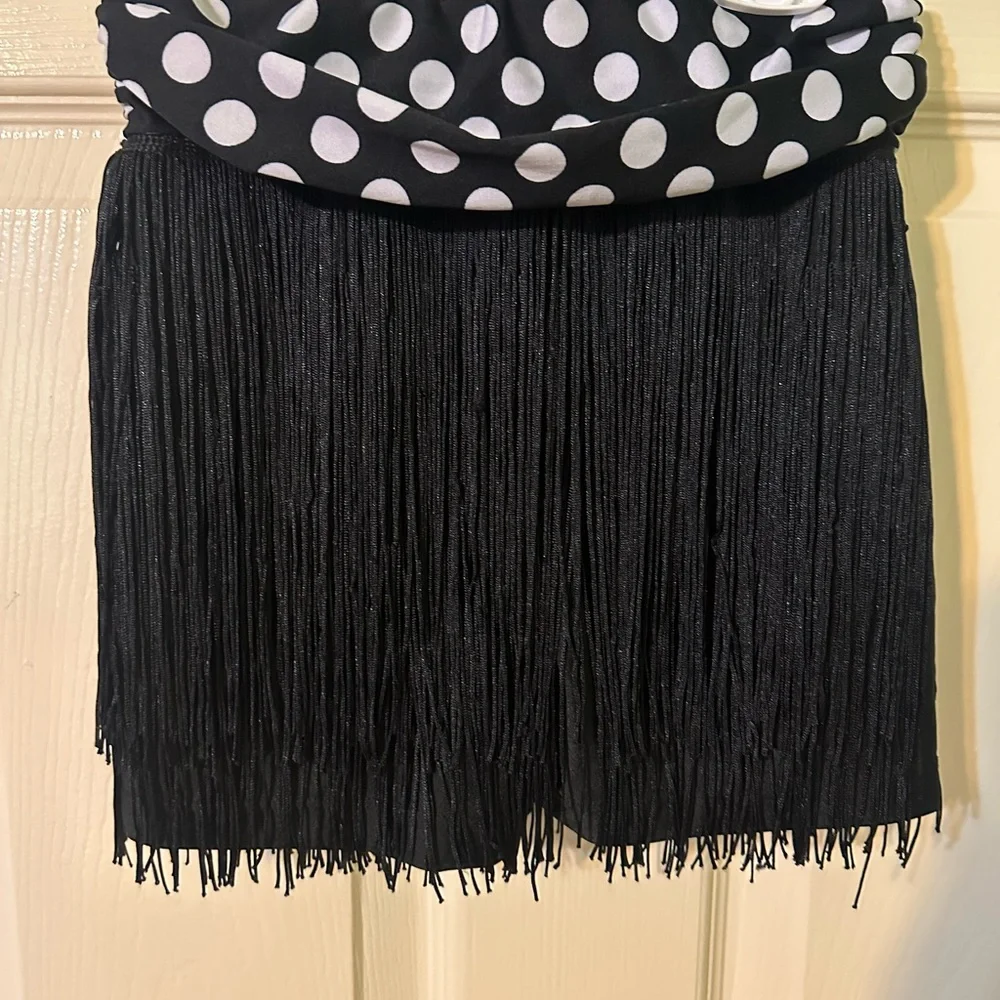 Girls Revolution Black Fringe Polka Dot Waist Skirt costume with Gloves   Size M